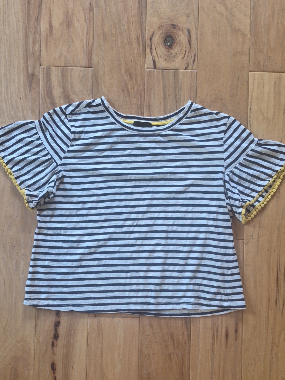 W5 White and Navy Striped Short Sleeve Tee with Yellow Pom Trim